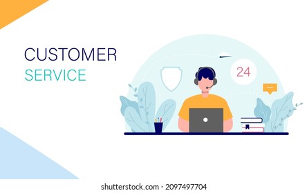 Landing page template. Online support, customer service, call center. Assistant sitting in front of laptop and answering customer questions vector illustration.
