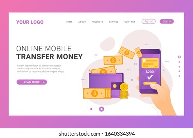 Landing Page template Online transfer money with mobile banking design concept 