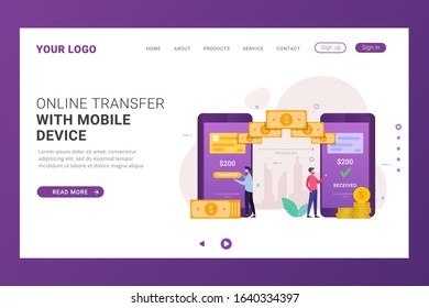 Landing Page template Online transfer money with mobile banking design concept 