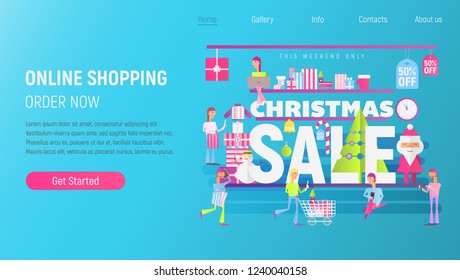Landing Page Template of Online Winter Holidays Shopping. Concept of Christmas Big Sale – Flat People Making Purchases using Mobile Gadgets. Vector Illustration for Mobile Apps and Web Site Design.