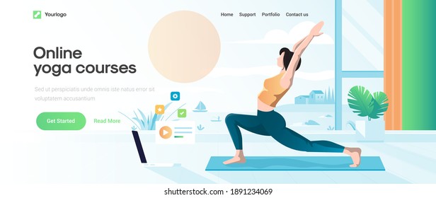 Landing page template of Online yoga course. Young woman working out at home. Modern flat design concept of web page design for website and mobile website. Easy to edit and customize. Vector