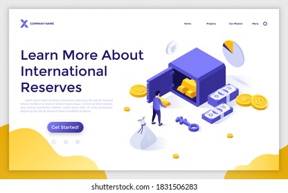 Landing page template with opened safe full of gold bars or ingots, banknotes and coins, currencies. Concept of international reserves or holdings. Modern isometric vector illustration for website.