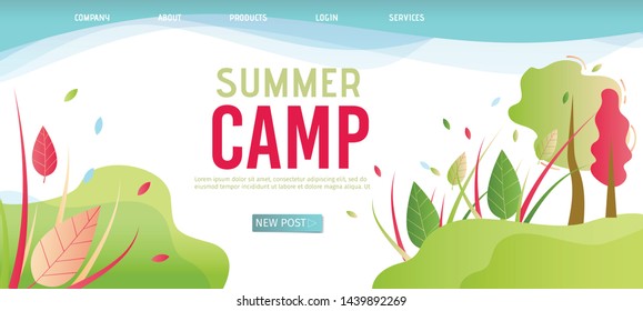 Landing Page Template for Organization Summer Camp. Flat Style Vector Illustration with Plants and Leaves Design. Cartoon Green Park Vegetation. Best Place for Rest and Spend Summertime