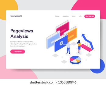 Landing page template of Pageviews Analysis Isometric Illustration Concept. Isometric flat design concept of web page design for website and mobile website.Vector illustration
