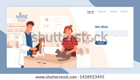 Landing page template with pair of smiling veterinarians holding cat and dog. Flat cartoon vector illustration for veterinary clinic advertisement, promo of domestic animals healthcare service.
