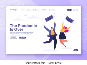 Landing page template with pandemic Covid-19 end. Quarantine and  coronavirus lockdown finish. Happy flat cartoon people characters throw out masks and jump.