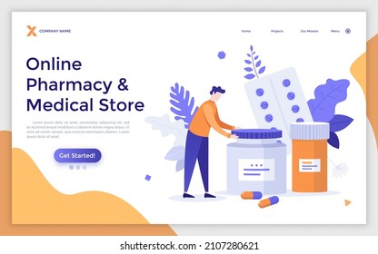 Landing page template with patient and pills or meds in blisters and jars. Concept of online pharmacy or medical store, medication, pharmaceutical drug, pharmacology. Modern flat vector illustration.