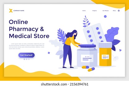 Landing page template with patient and pills or meds in blisters and jars. Concept of online pharmacy or medical store, medication, pharmaceutical drug, pharmacology. Modern flat vector illustration.