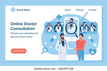 Landing page template with patient selecting and talking with doctor online. Internet medical advice, specialist selection and consultation service. Medical colorful illustration. Flat cartoon vector