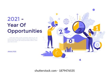 Landing page template with people analyzing charts, diagrams, graphs. Concept of 2021 as year of opportunities for data analysis, statistical research. Modern flat vector illustration for banner.