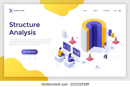 Landing Page Template mit Menschen analysieren Daten auf Laptop-Computern und Zylinder mit ausgeschnittenen Stück. Konzept der Analyse der Objektstruktur. Moderne isometrische Vektorgrafik für Webseiten.