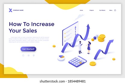 Landing Page Template mit Menschen, aufsteigende Diagramme und Dollar-Münzen. Konzept der Marketingstrategie für Umsatzsteigerung, Gewinnwachstum und Fortschritt. Moderne isometrische Vektorgrafik für Webseiten.