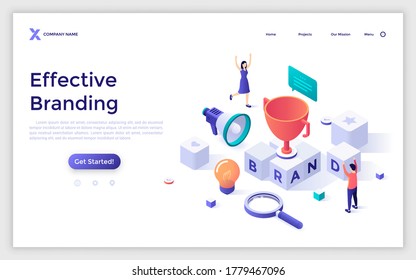 Landing page template with people, building blocks with word on it, champion cup. Concept of successful brand strategy, effective branding, advertising campaign. Modern isometric vector illustration.