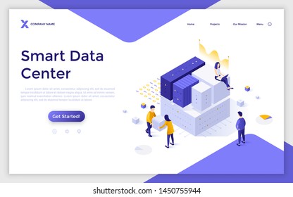 Landing page template with people carrying cubic blocks or sitting on them. Smart data center, information storage system, database. Isometric vector illustration for internet service advertisement.