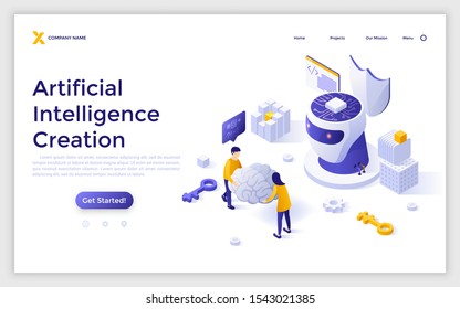 Landing page template with people carrying giant brain to put it inside robot's head. Concept of creation of artificial intelligence, machine learning technology. Isometric vector illustration.