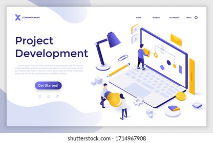 Landing page template with people carrying lightbulb and making flowchart on giant laptop computer. Concept of work for business project development. Modern isometric vector illustration for website.