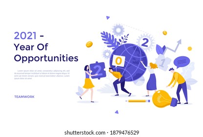 Landing page template with people carrying globe and jigsaw puzzle pieces. Concept of 2021 as year of opportunities for teamwork, international cooperation. Flat vector illustration for website.