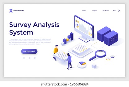 Landing page template with people carrying piles of questionnaires, diagrams on computer screen. Concept of survey analysis system, statistical data collection. Modern isometric vector illustration.