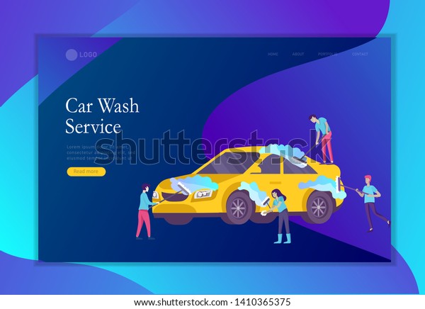 Landing page template\
people cartoon characters cleaning vehicle with special equipment.\
Car wash service, automatic carwash concept. Vector flat style\
illustration