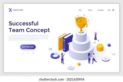 Landing page template with people celebrating success at golden champion cup. Concept of successful team, teamwork for winning business competition. Modern isometric vector illustration for webpage.