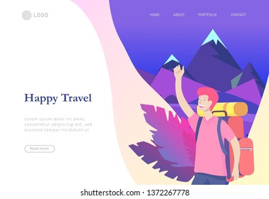 landing page template. People characters woman for hiking and trekking, holiday travel vector, hiker and tourism illustration. Happy Tourists travelling. Vector cartoon style illustration