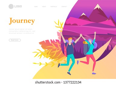 landing page template. People characters woman for hiking and trekking, holiday travel vector, hiker and tourism illustration. Happy Tourists travelling. Vector cartoon style illustration
