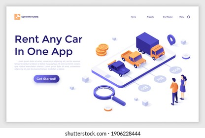 Landing page template people choosing between automobiles for rent on smartphone. Concept of mobile application for car rental or leasing service. Modern isometric vector illustration for webpage.