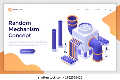 Landing Page Template With People Controlling Work Of Plant Facility With Wires And Pipes. Concept Of Random Mechanism, Manufacturing Equipment. Modern Isometric Vector Illustration For Website.