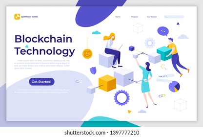 Landing page template with people and cubic blocks connected into chain. Blockchain technology, cryptocurrency or crypto coin mining. Modern flat vector illustration for advertisement, promotion.