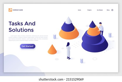 Landing page template with people dividing cones or pyramids into parts. Concept of tasks and solutions, solving work problems, structural analysis. Modern isometric vector illustration for website.