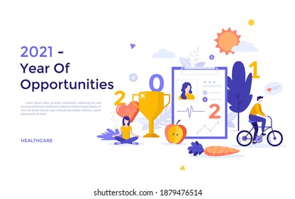 Landing page template with people doing sports and meditation and tablet with health indicators. Concept of 2021 as year of opportunities for healthcare, healthy lifestyle. Flat vector illustration.