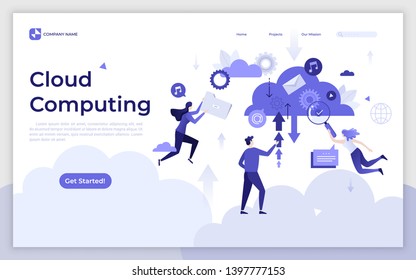 Landing page template with people downloading and uploading files online. Cloud computing service or technology, data storage and hosting. Modern flat vector illustration for advertisement, website.