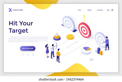 Landing Page Template With People Or Entrepreneurs Shooting Circular Targets With Bow And Arrows. Concept Of Goal Achievement, Business Competition. Modern Isometric Vector Illustration For Webpage.