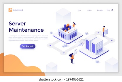 Landing page template with people fixing computer hardware in data center. Concept of web server maintenance services, technical work. Modern colorful isometric vector illustration for website.