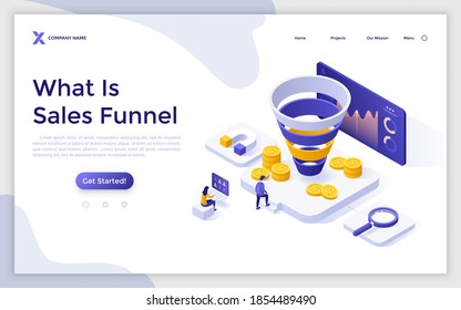 Landing Page Template mit Leuten vor dem Bildschirm mit Anzeigen, Münzen, Magnet, Lupe. Konzept des Verkaufs- oder Einkaufstrichter, Marketing-Modell. Moderne isometrische Vektorgrafik für Webseiten.