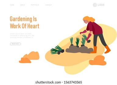 Landing page template with People gathering crops or seasonal harvest, collecting ripe vegetables. Men, women work on a farm. Agricultural workers in autumn. Cartoon vector illustration