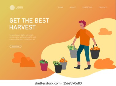 Landing page template with People gathering crops or seasonal harvest, collecting ripe vegetables. Men, women work on a farm. Agricultural workers in autumn. Cartoon vector illustration