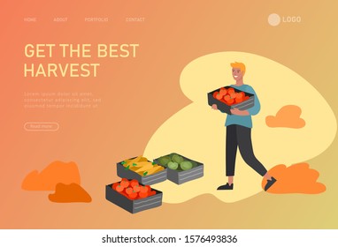 Landing page template with People gathering crops or seasonal harvest, collecting ripe vegetables. Men, women work on a farm. Agricultural workers in autumn. Cartoon vector illustration