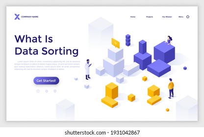 Plantilla de página de aterrizaje con personas y cubos o bloques gigantes. Concepto de ordenación de datos, análisis de agrupamiento, organización de la información, organización de la base de datos. Isometric vector ilustración para sitio web.
