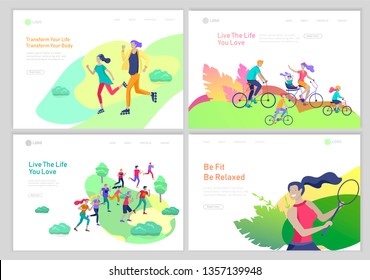 Landing page template with People group running, riding bicycles, tennis workout, rollerblading. Family and children performing sports outdoor activities at park or Nature. Cartoon illustration