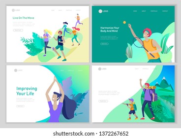 Landing page template with People group running, man playing tennis, girl doing yoga. Father with son are hiking. Family performing sports outdoor activities at park or Nature. Cartoon illustration