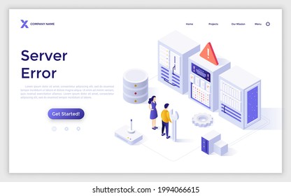 Landing page template with people holding wrench and looking at computer hardware and warning sign. Concept of web server error, technical maintenance. Modern isometric vector illustration for webpage