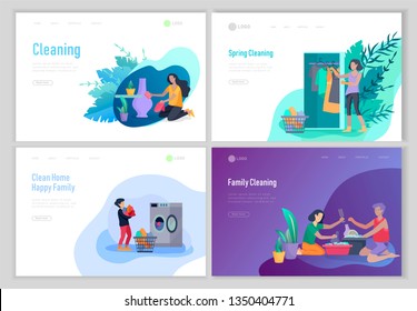 landing page template people home cleaning, washing dishes, fold clothes, cleaning window, carpet and floor, wipe dust, water flower. Vector illustration cartoon style