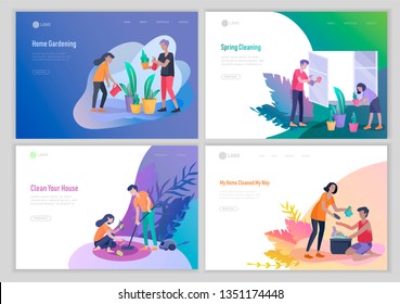 landing page template people home cleaning, washing dishes, fold clothes, cleaning window, carpet and floor, wipe dust, water flower. Vector illustration cartoon style