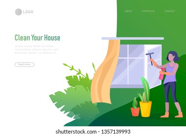 landing page template people home cleaning, washing and cleaning window, wipe dust, water flower. Vector illustration cartoon style