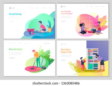 landing page template people home cleaning, washing dishes, fold clothes, cleaning window, carpet and floor, wipe dust, water flower. Vector illustration cartoon style