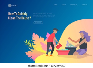 landing page template people home cleaning, home cleaning, washing dishes, wipe dust, water flower. Vector illustration cartoon style