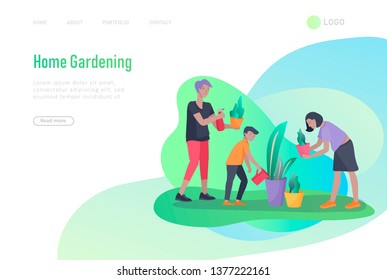 landing page template people home cleaning and gardening, man and woman water flower. Vector illustration cartoon style