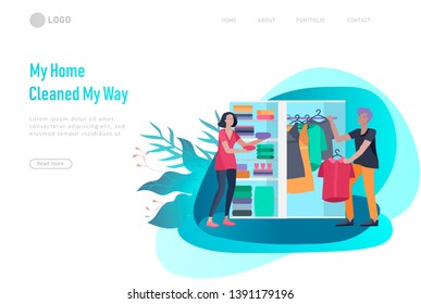 landing page template people home cleaning, clean the house, washing clothes iand putting things in the wardrobe or closet. Vector illustration of cartoon style
