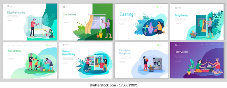 landing page template people home cleaning, washing dishes, fold clothes, cleaning window, carpet and floor, wipe dust, water flower. Vector illustration cartoon style